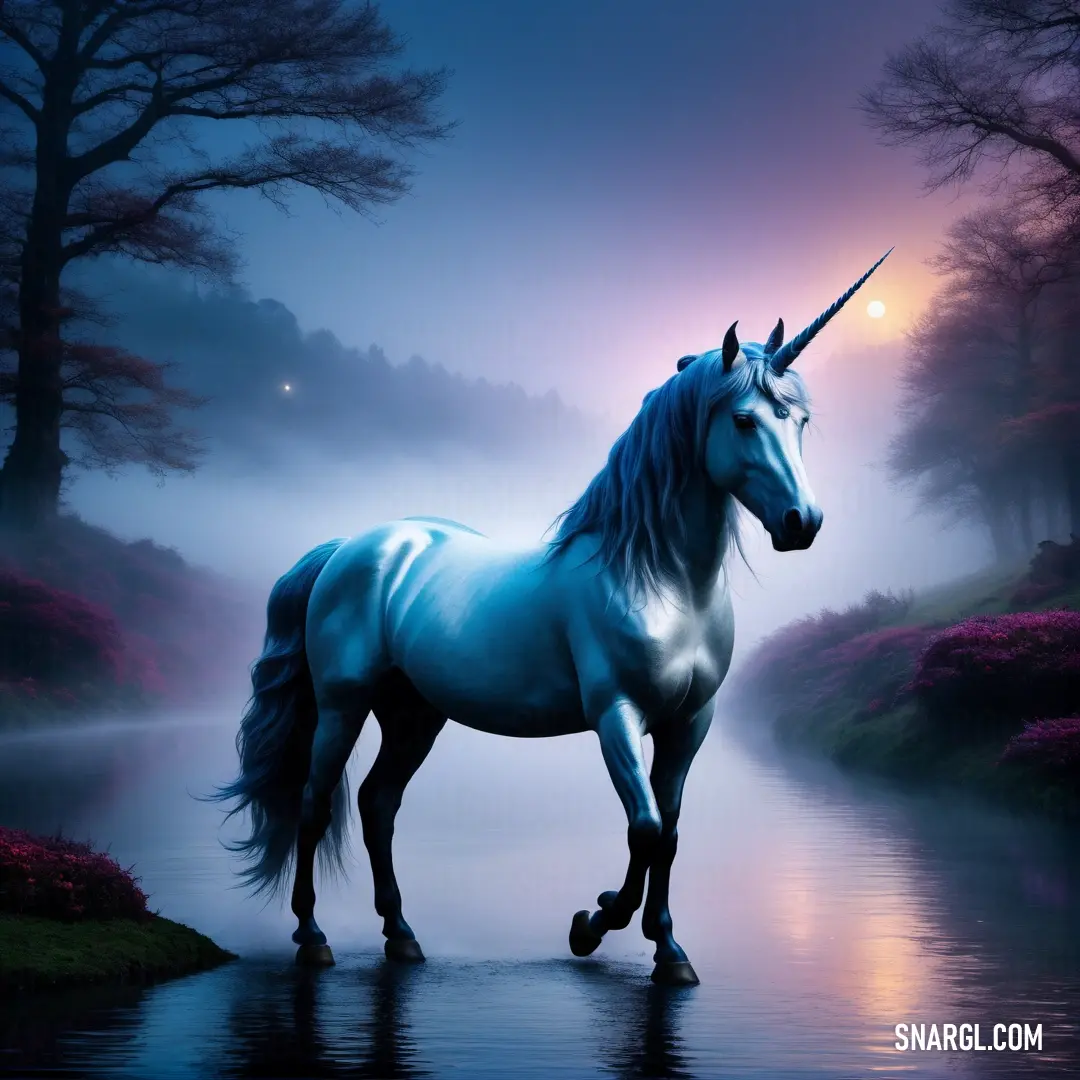 Unicorn standing in the water with a full moon in the background