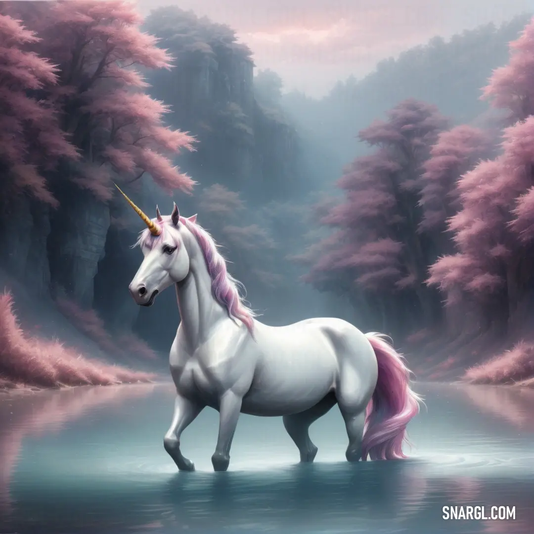 Unicorn standing in a river with trees in the background