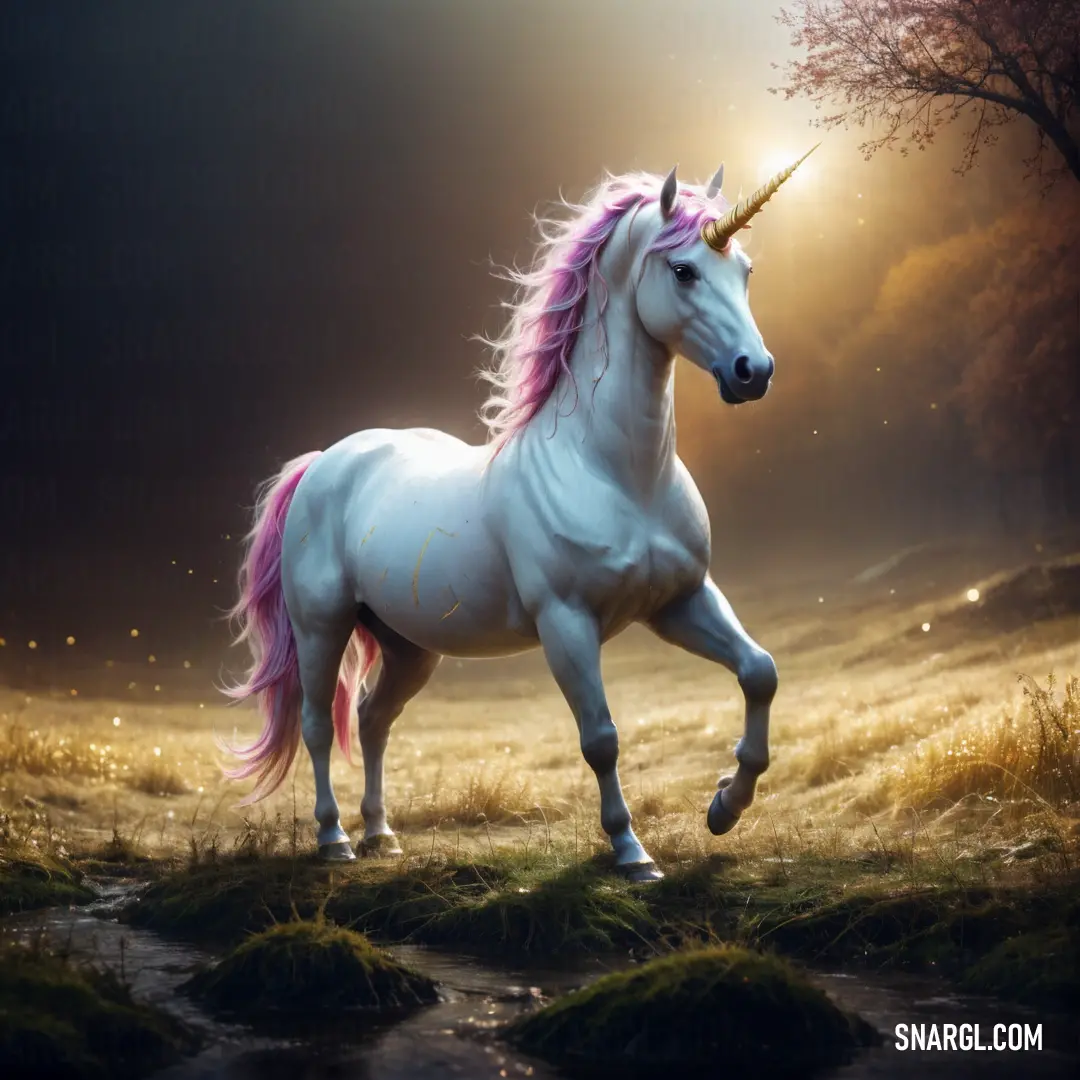 Unicorn standing in a field with a tree in the background