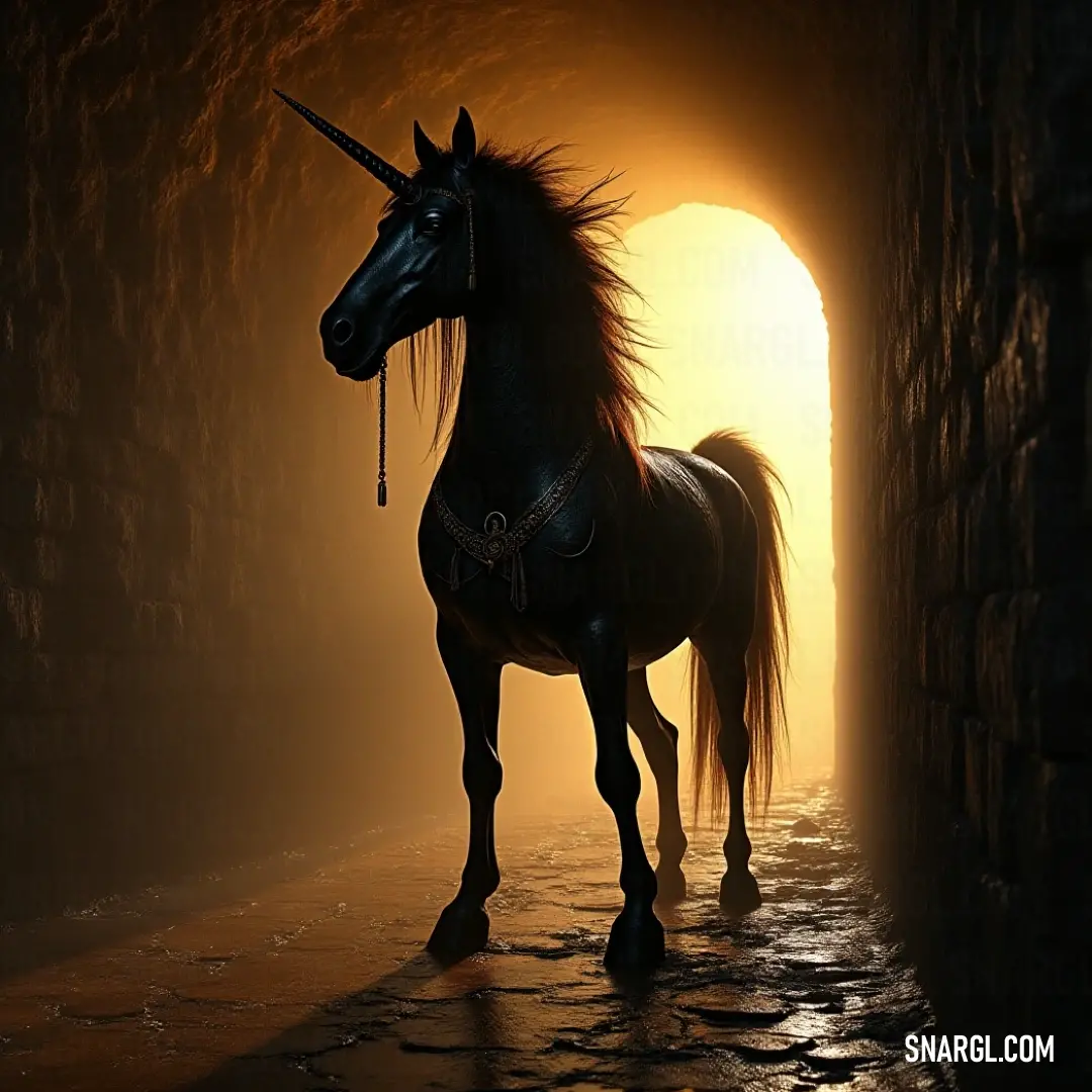 A unicorn stands within an ancient tunnel, sunlight streaming through the windows, while its mane flows in the wind, creating an ethereal scene.