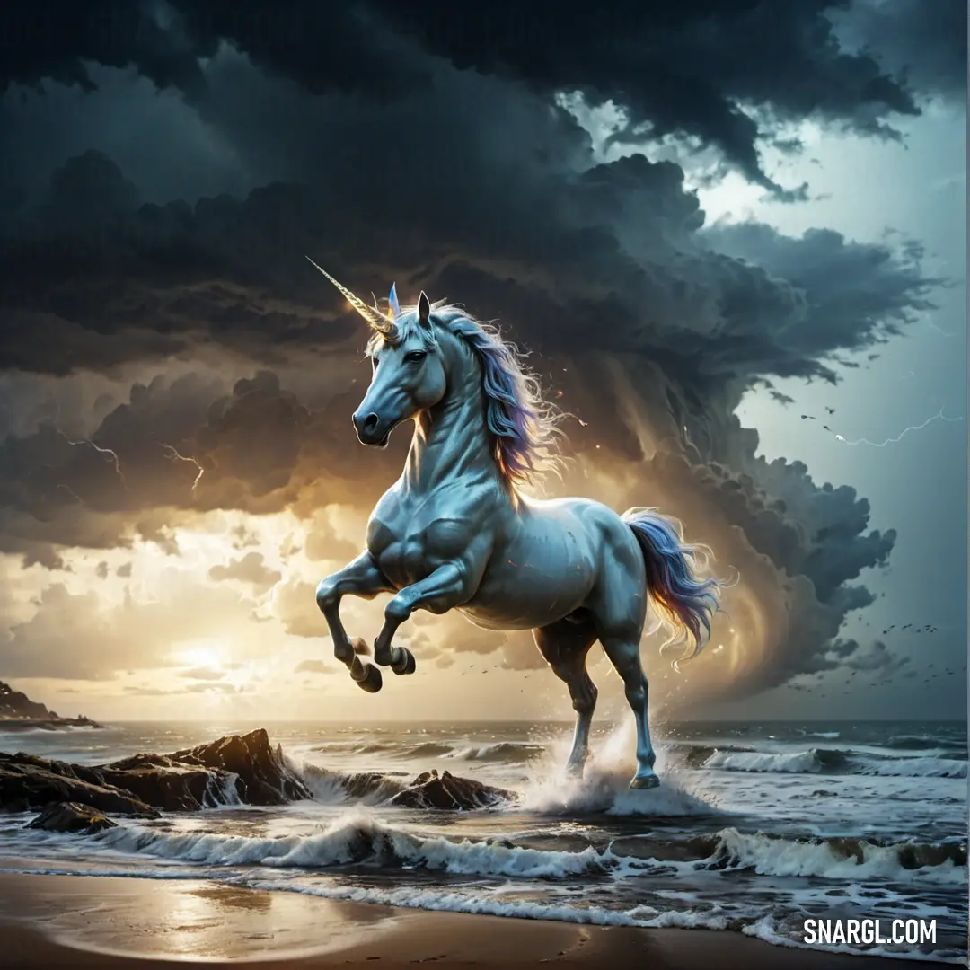 Unicorn standing on its hind legs on a beach under a cloudy sky with lightning behind it and a sunbeam