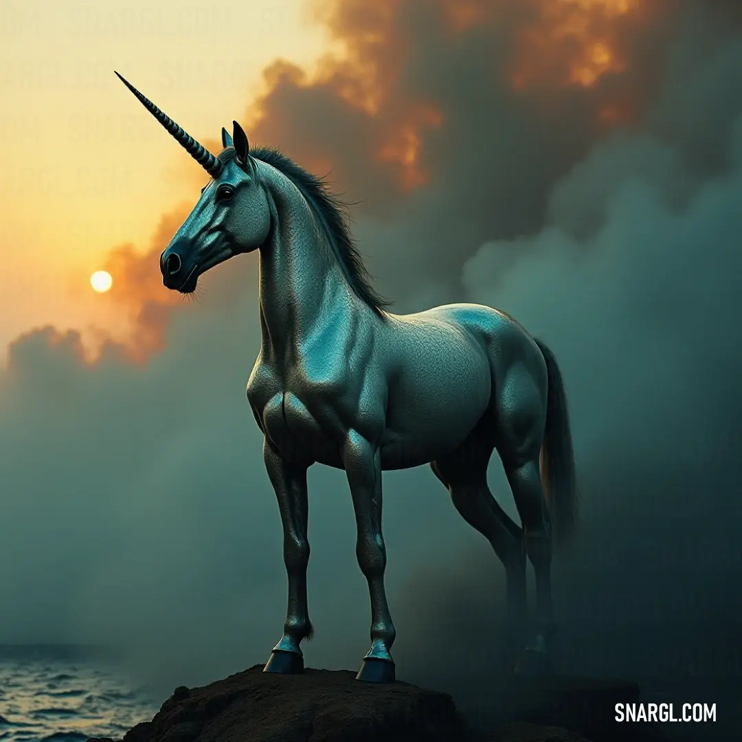 A stunning unicorn statue stands tall atop a rock in the ocean, bathed in the golden glow of the setting sun.