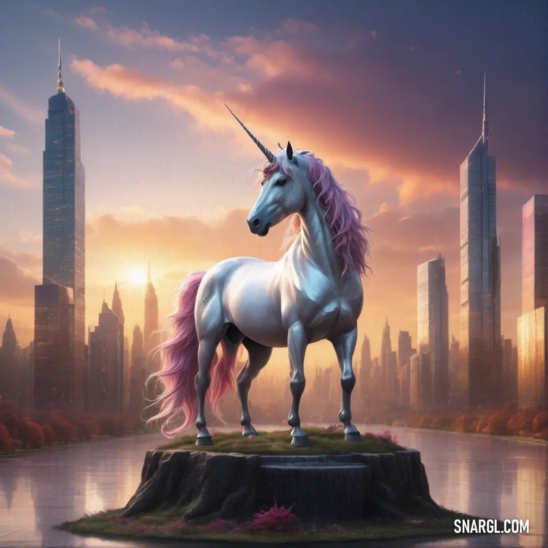 Unicorn statue standing on a pedestal in front of a city skyline at sunset with skyscrapers in the background