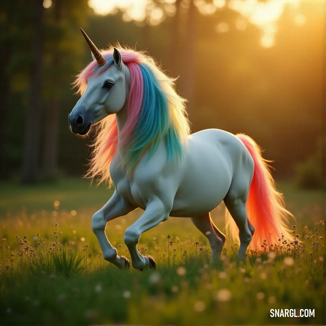 A magnificent white unicorn gallops through a vibrant grassy meadow at sunset, its multicolored mane flowing with the wind, while the warm glow of the setting sun bathes the scene in golden hues and the trees stand tall in the distance.