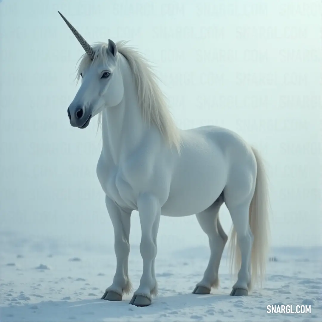 A white unicorn stands in the snow, its long horn glistening as the cold, serene landscape stretches out around it.