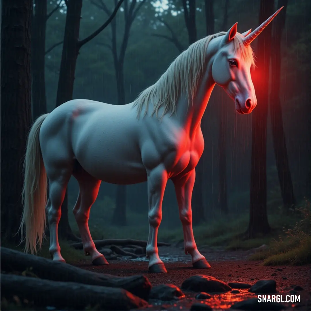 A majestic white unicorn stands tall in the heart of an enchanted forest, its glowing face and tail bathed in an eerie red light, creating an otherworldly atmosphere as it gazes into the depths of the mystical woods.