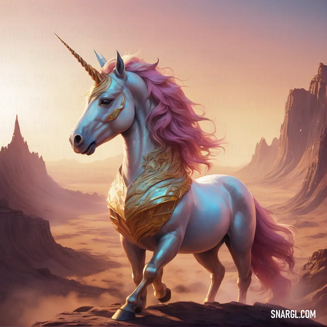 Unicorn with a golden mane standing on a rock in the desert with mountains in the background