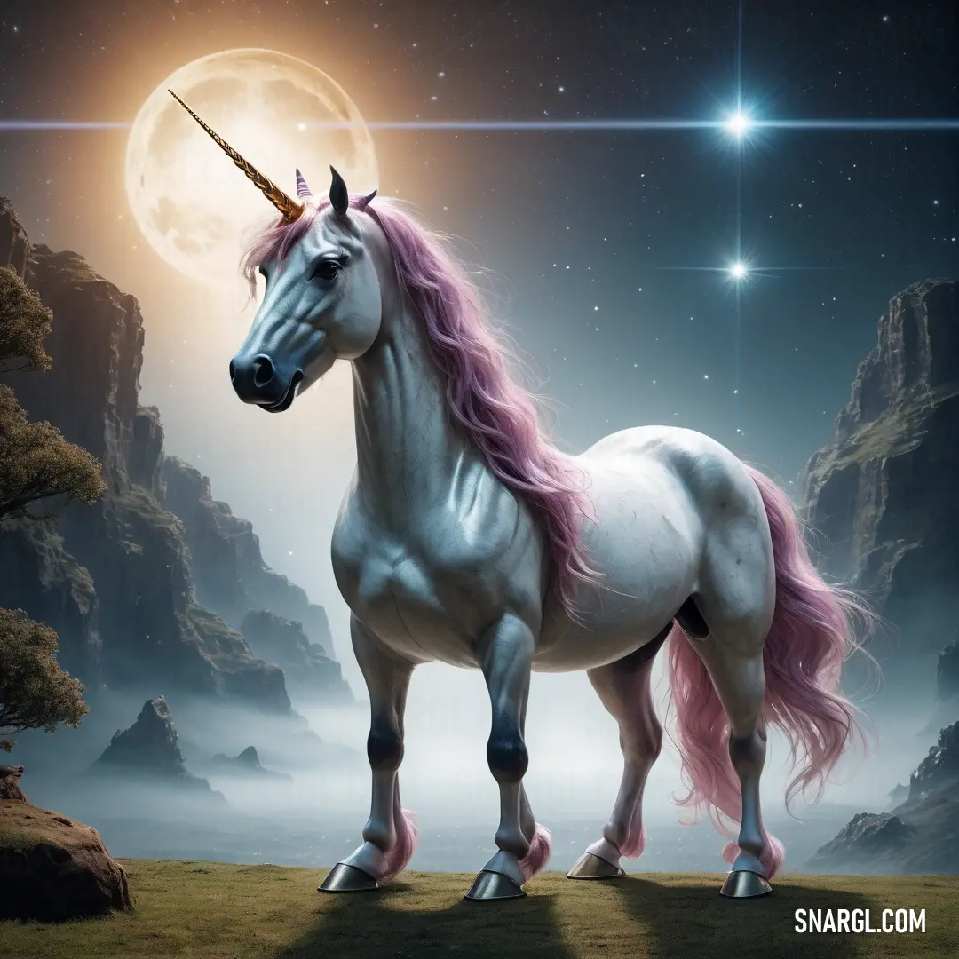 Unicorn with a pink mane standing in a field with mountains and stars in the background