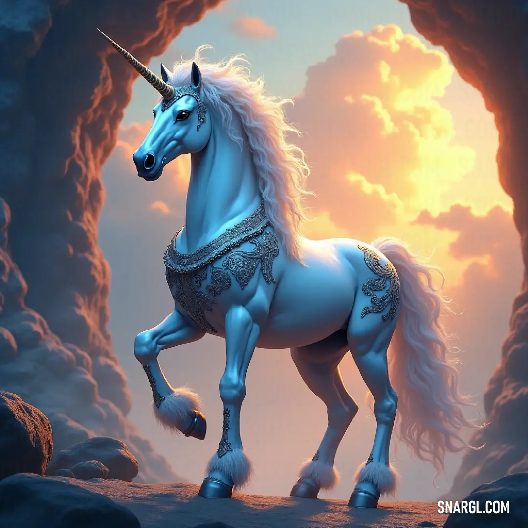 A unicorn with a long, twisting horn stands in a rocky cave, its figure illuminated by the warm glow of a setting sun visible through the opening, casting a tranquil glow on the scene.