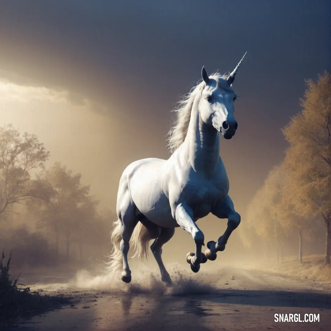 White unicorn running on a road in the foggy day with trees in the background