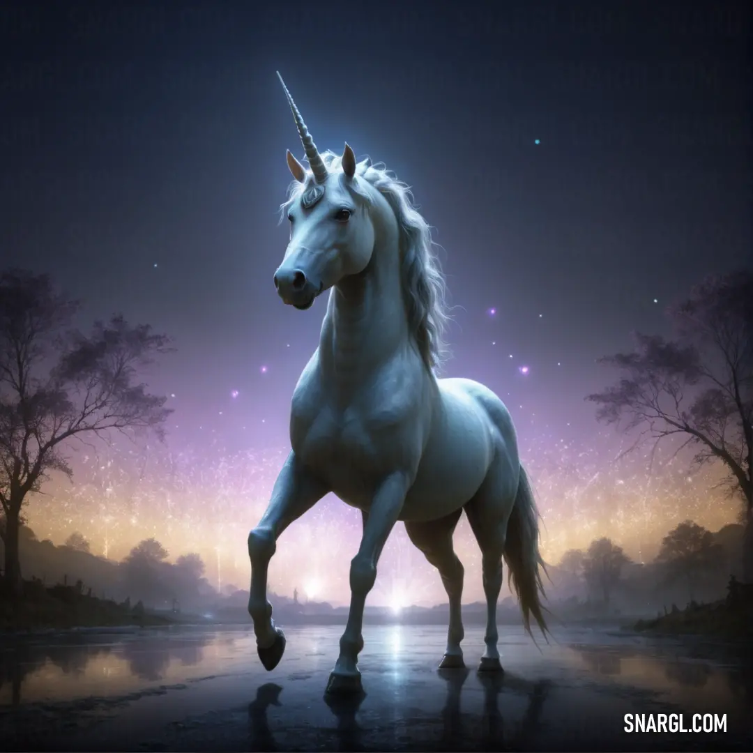 White unicorn standing on a wet surface in the night sky with trees and stars in the background