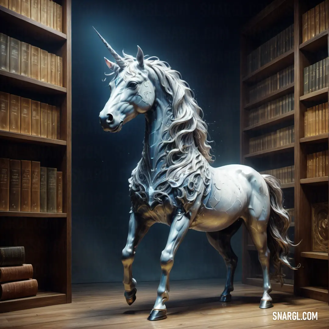 White unicorn standing in front of a bookcase filled with books and bookshelves in a library