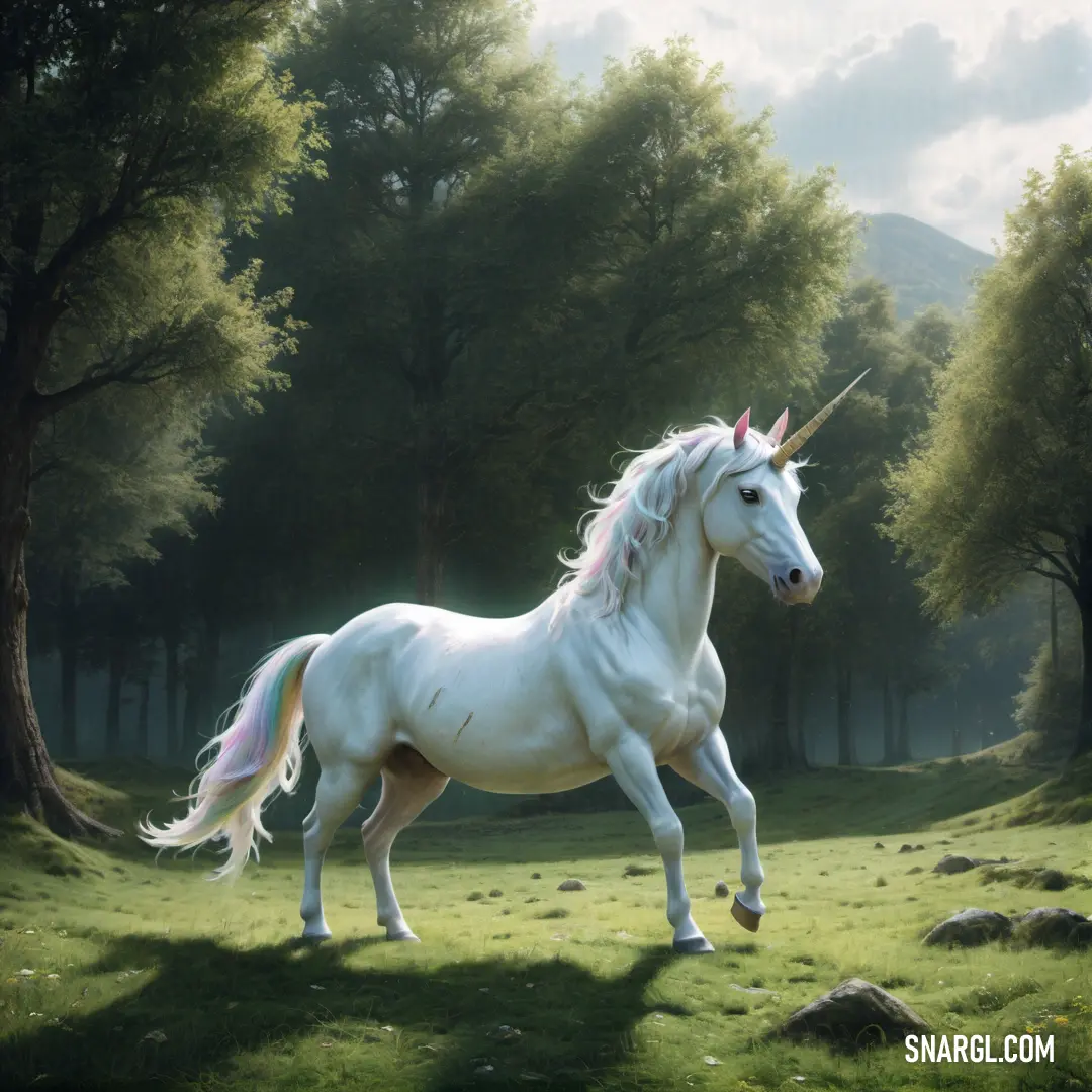 White unicorn standing in a field with trees in the background