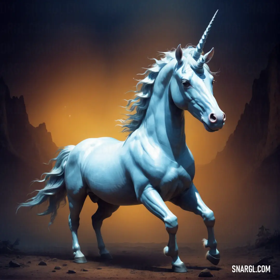 White unicorn statue standing in a desert area with a mountain in the background