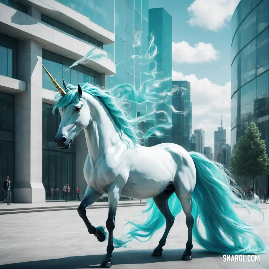White unicorn with blue hair and a horn on its head is standing in a city square with tall buildings