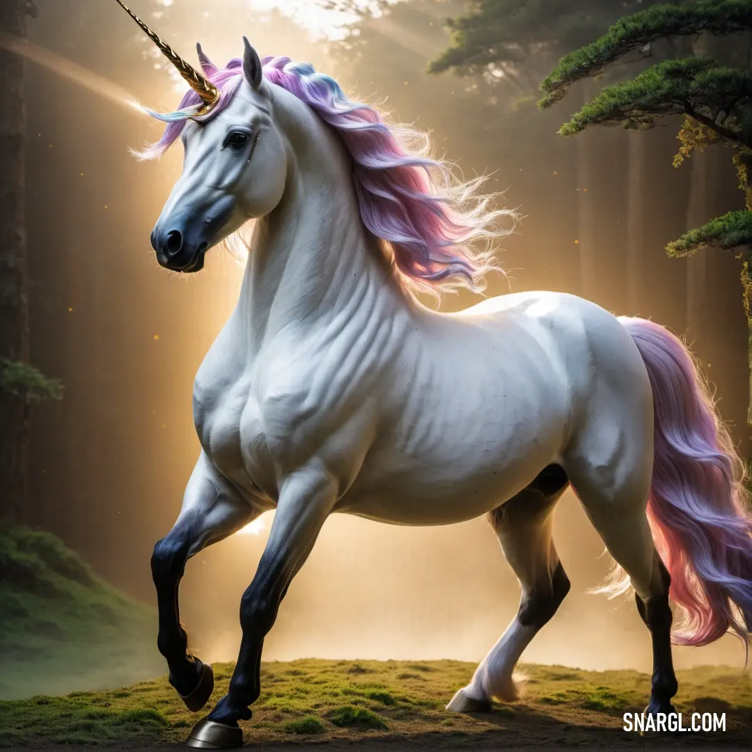 White unicorn with pink mane and tail standing in a forest with trees and sunlight shining through the trees
