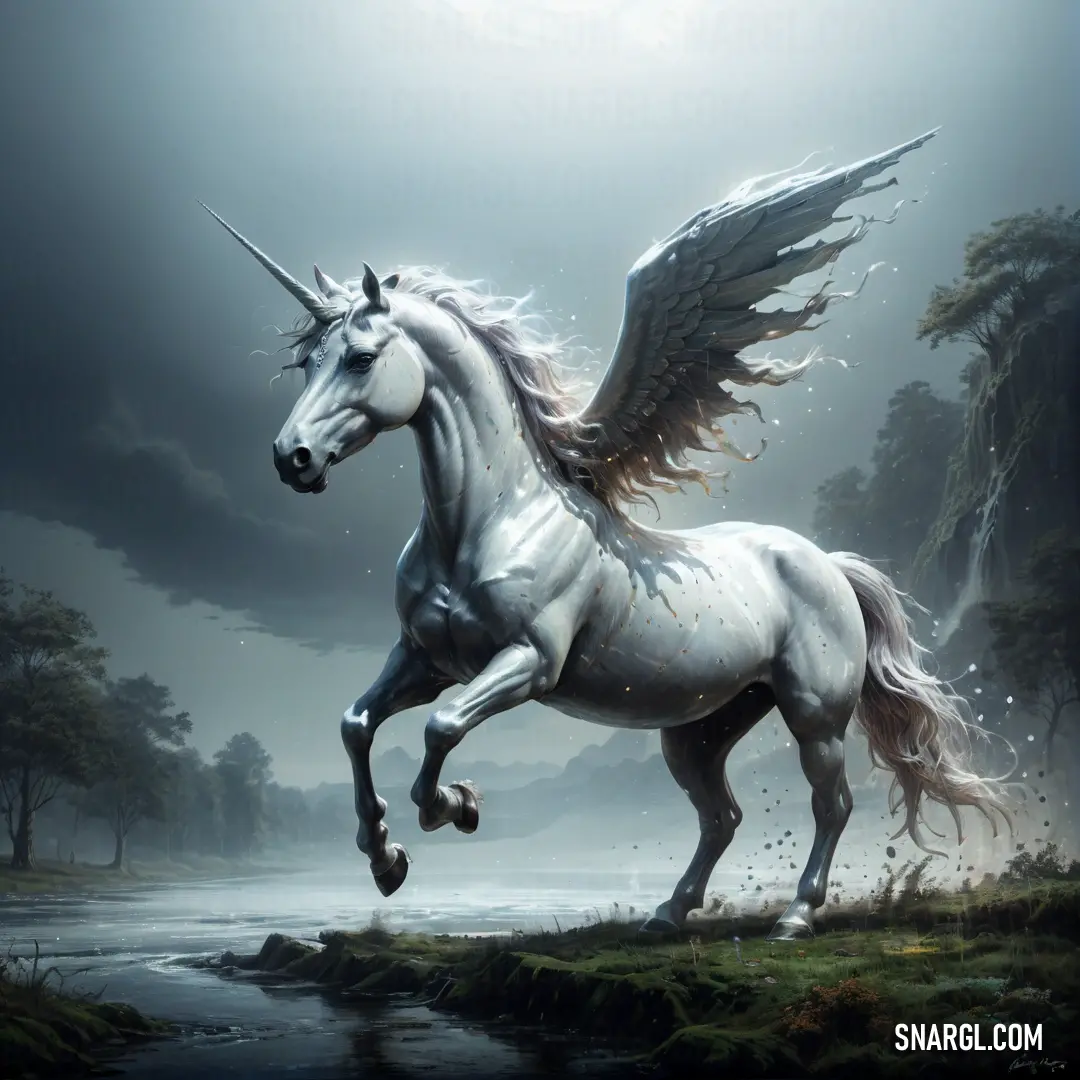 White unicorn with wings is running in the grass near a river and trees in the background