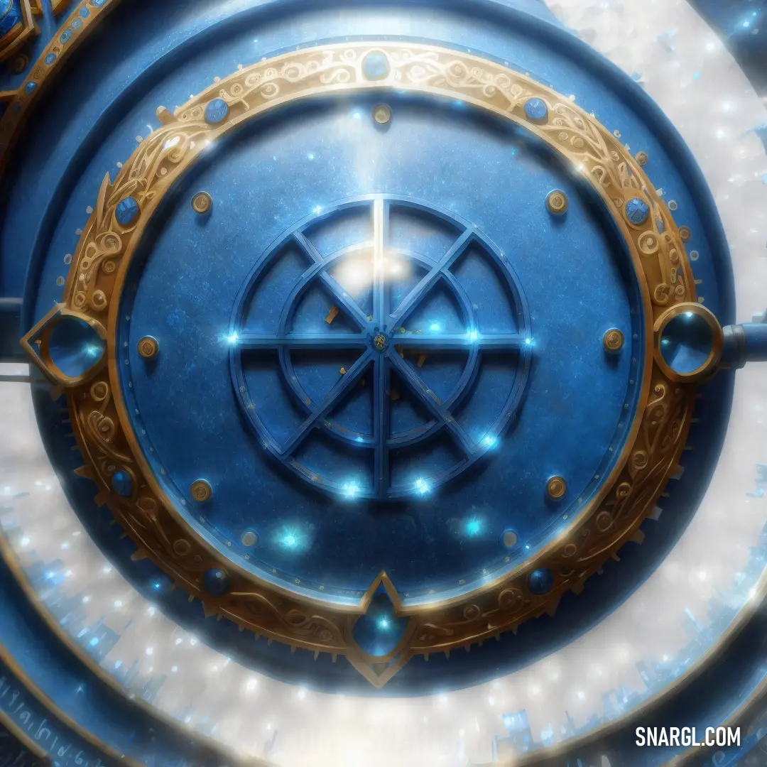 Blue and gold circular object with a star in the center of it and a light shining through the center
