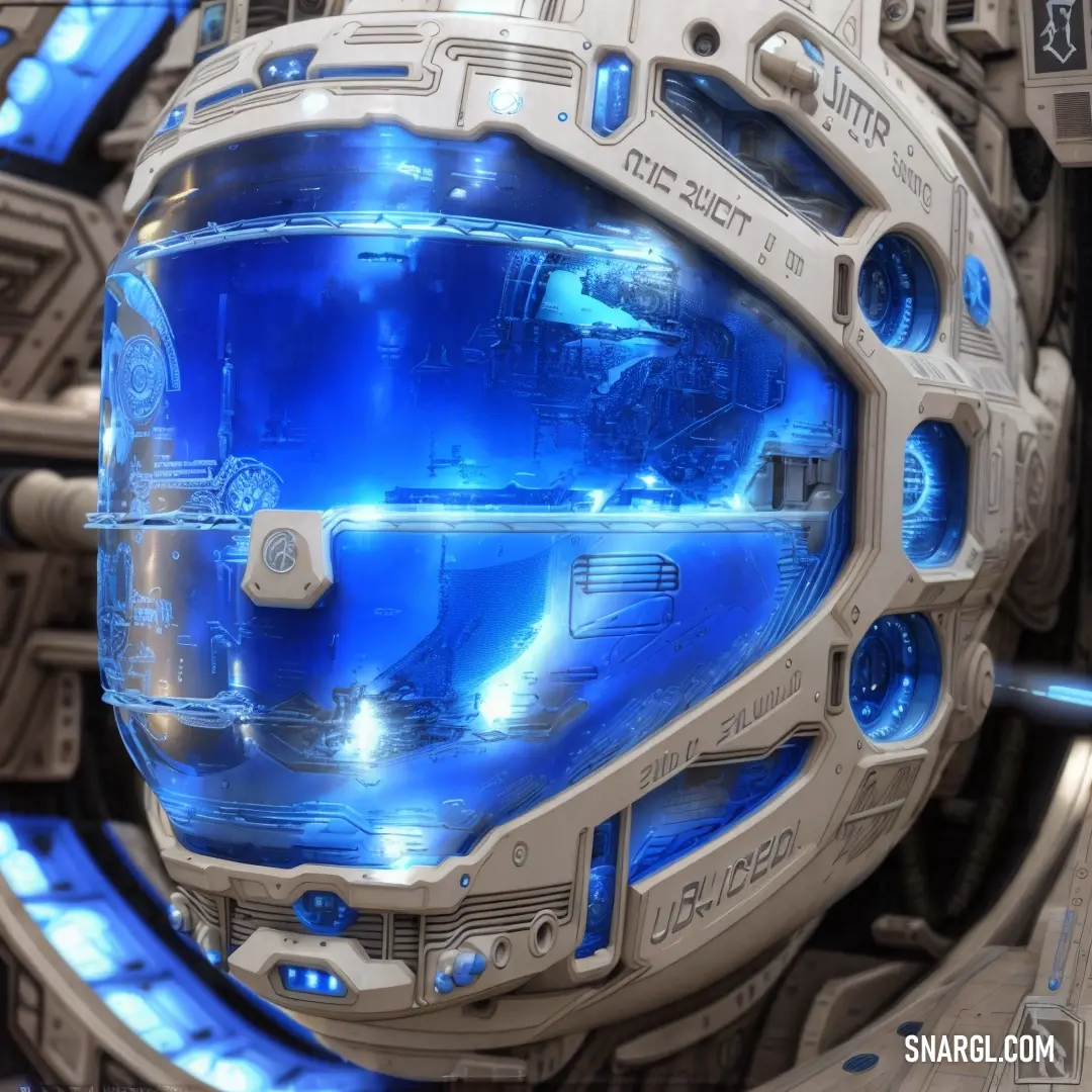 Futuristic looking object with blue lights on it's face and a circular object in the background