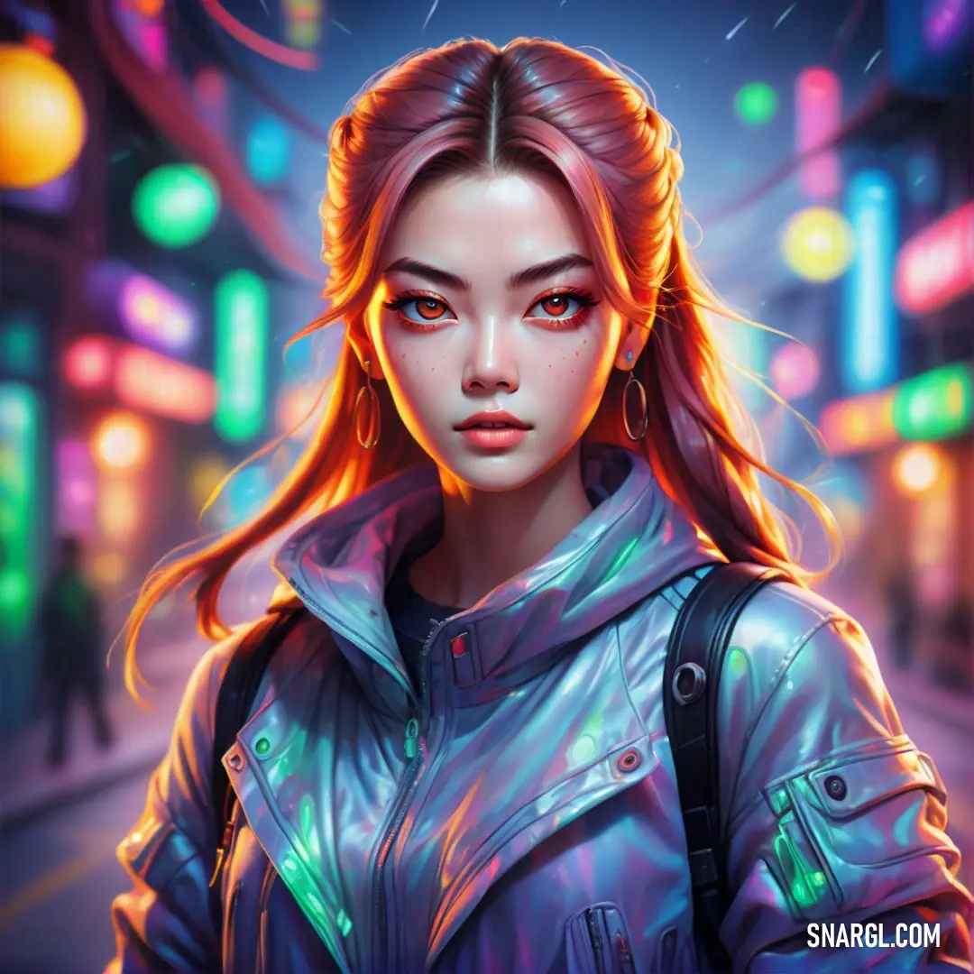 Girl with red hair and a blue jacket on a city street at night with neon lights