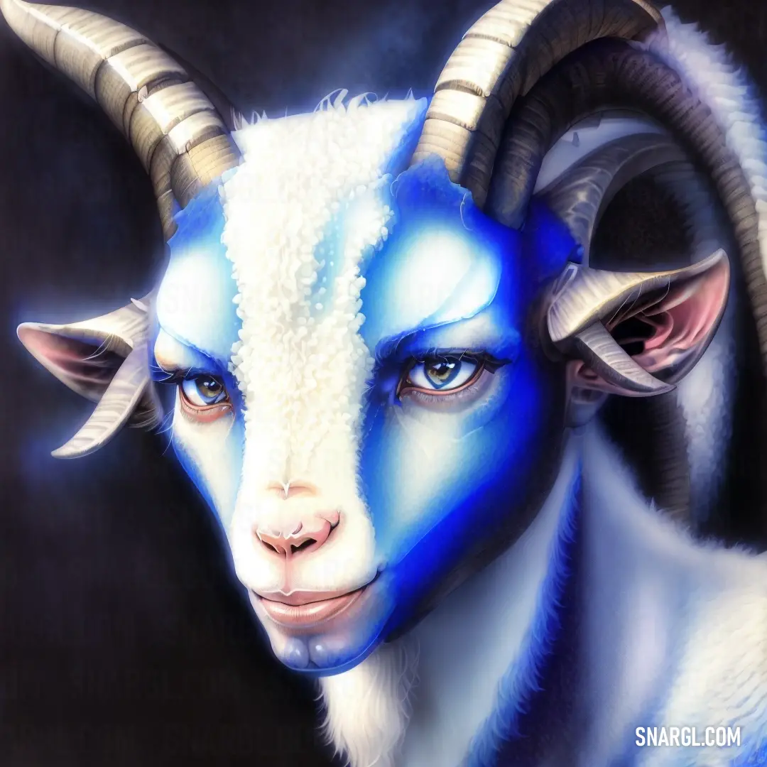 Goat with blue and white paint on its face and horns