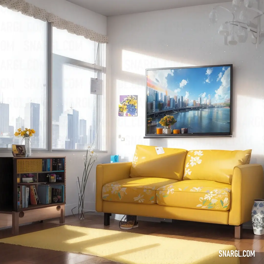 Living room with a yellow couch and a painting on the wall above it and a yellow rug on the floor