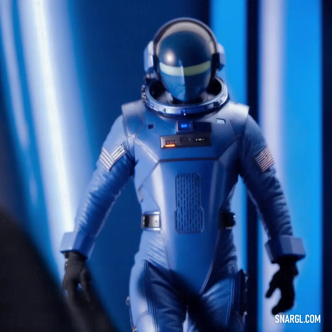 Man in a space suit is walking towards a blue background with a spotlight on it's face