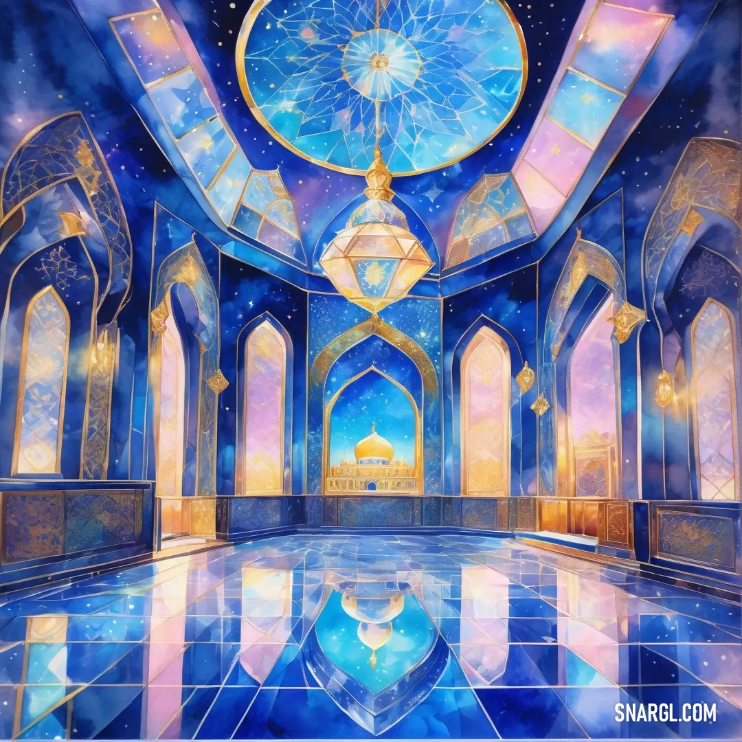 Painting of a blue and gold room with a large mirror on the floor and a ceiling with a star pattern. Color #5B92E5.