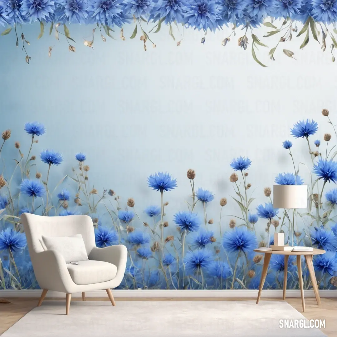 Room with a blue flower wallpaper and a white chair in front of it. Example of United Nations blue color.