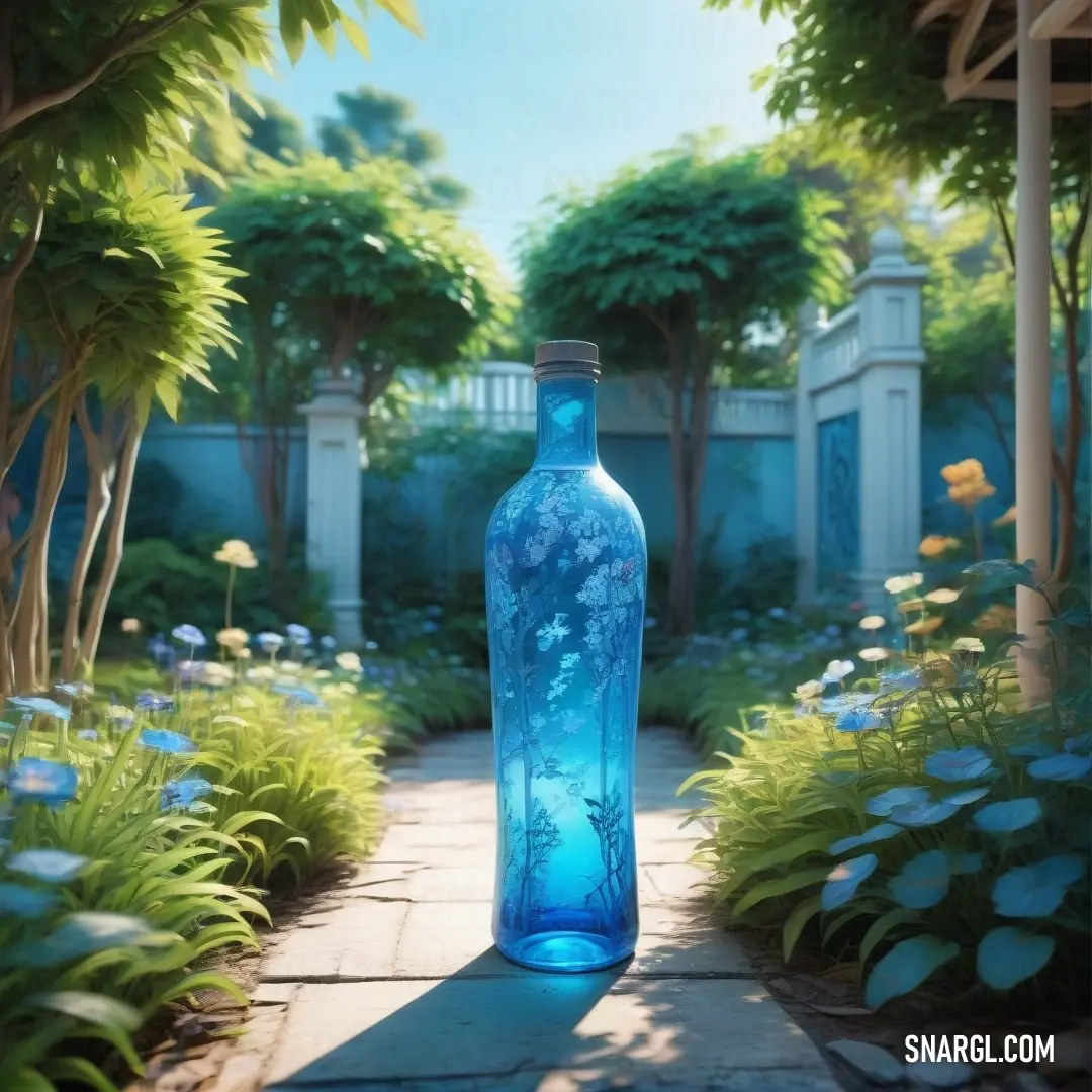 Blue bottle in the middle of a garden with flowers and trees around it and a path leading to a fence. Color United Nations blue.