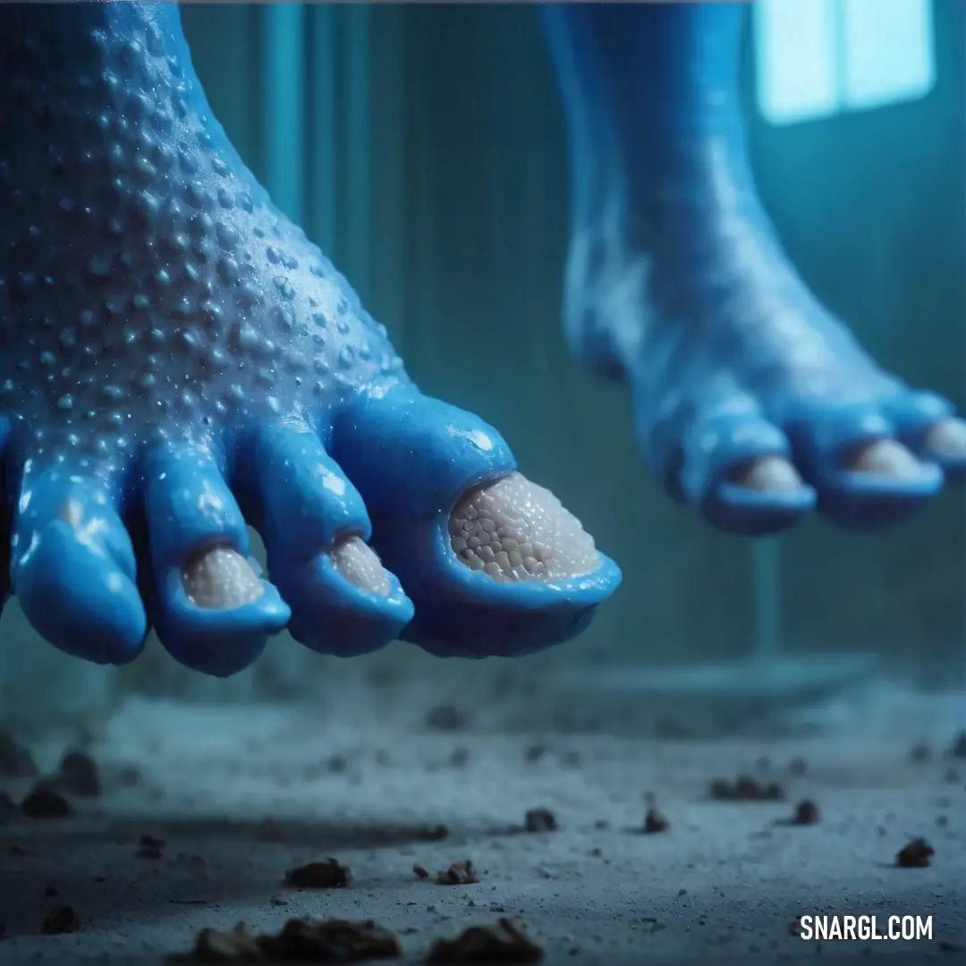 Close up of a person's feet with blue and white feet and toes with white dots on them. Color #5B92E5.