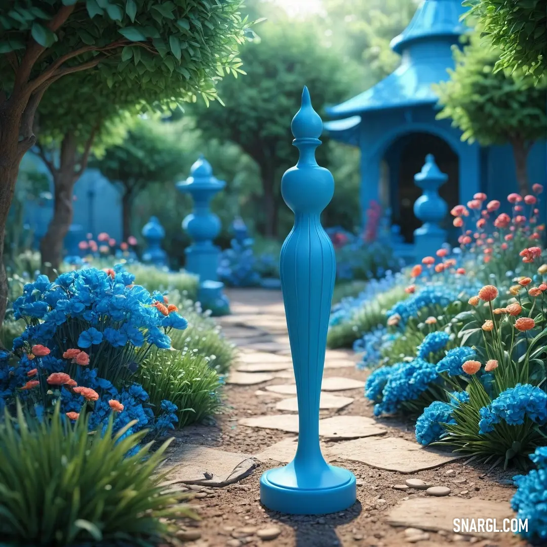 Garden with blue flowers and trees and a path leading to a blue building with a blue roof. Color #5B92E5.