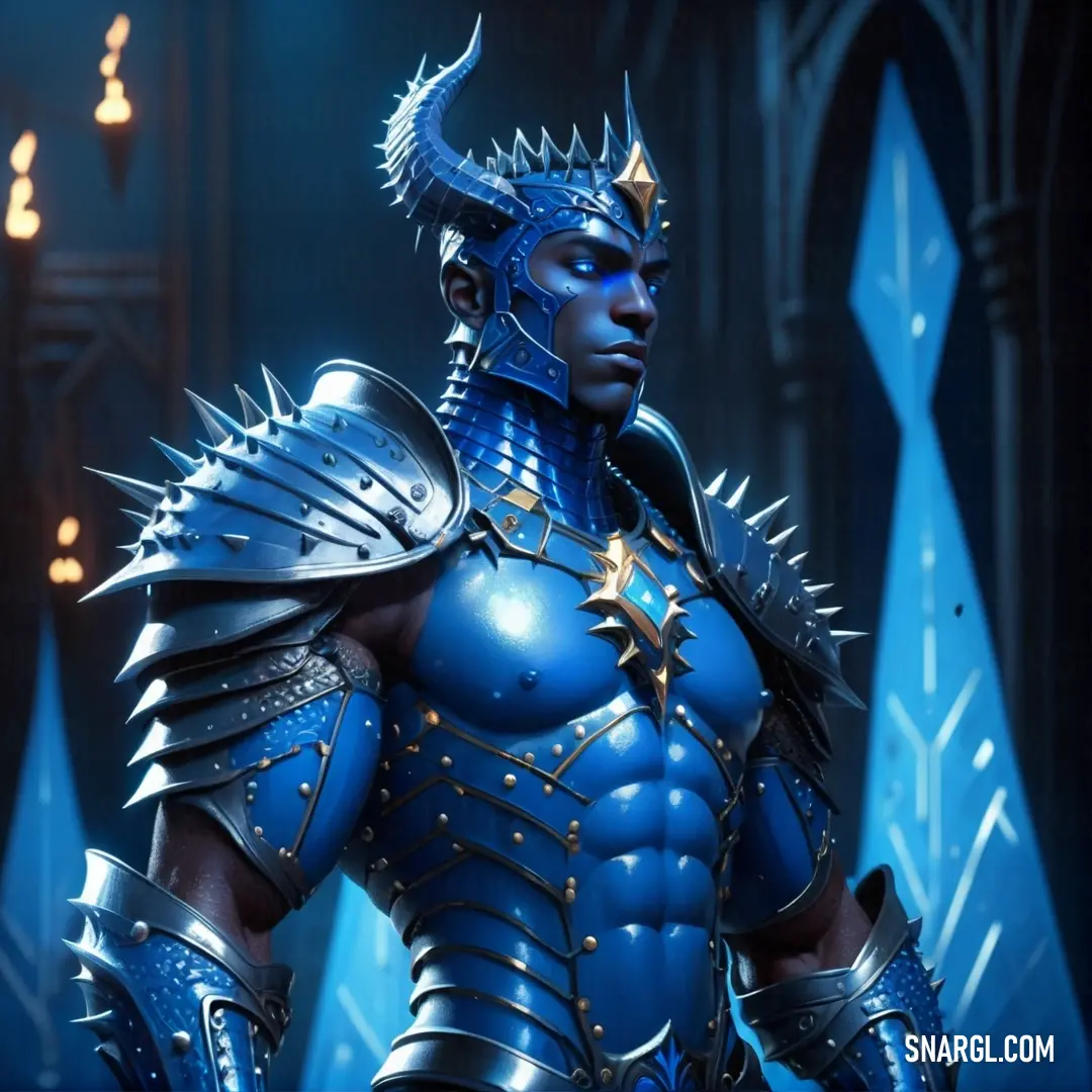 Man dressed in blue armor and spiked horns standing in a dark room. Example of CMYK 60,36,0,10 color.