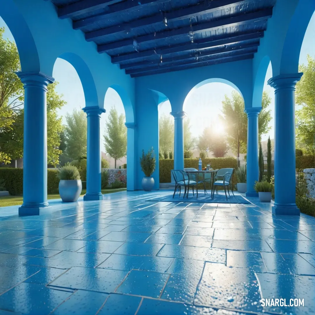 Patio with a table and chairs under a blue roof with arches and columns on either side of it. Color RGB 91,146,229.