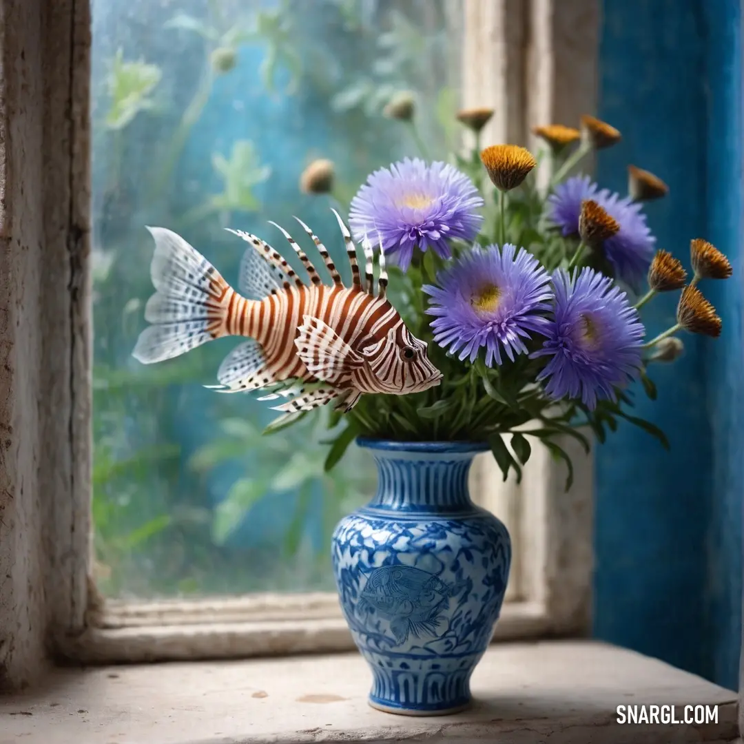 Vase with a fish and flowers in it on a window sill next to a window sill. Color CMYK 60,36,0,10.