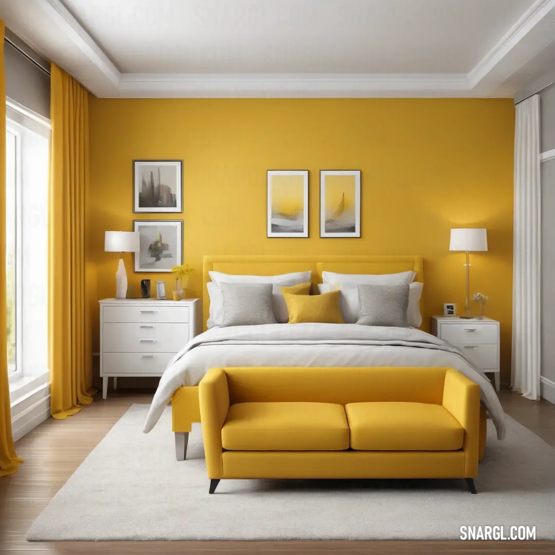 Bedroom with a yellow accent wall and a white bed with a yellow headboard and foot board and a white rug. Color University of California Gold.