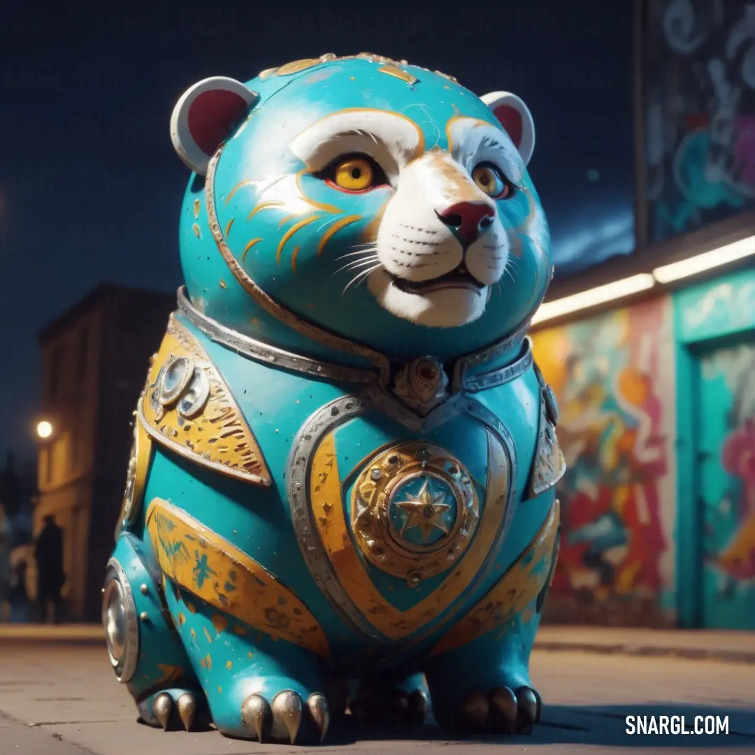 Blue and gold bear statue on a sidewalk at night with a building in the background. Color RGB 183,135,39.