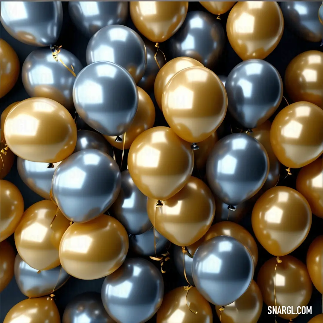 Bunch of balloons that are metallic and gold in color and size, with a black background. Color University of California Gold.