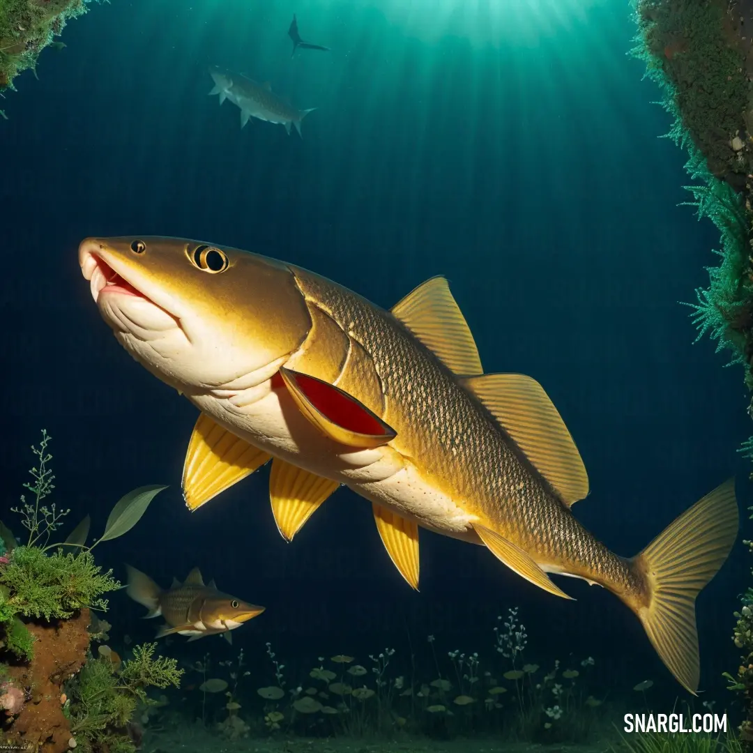 Fish swimming in the water near a coral reef with other fish swimming around it and a sunbeam. Example of University of California Gold color.