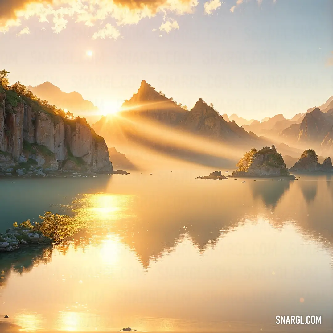 Lake with a mountain range in the background and a sunbeam in the sky above it