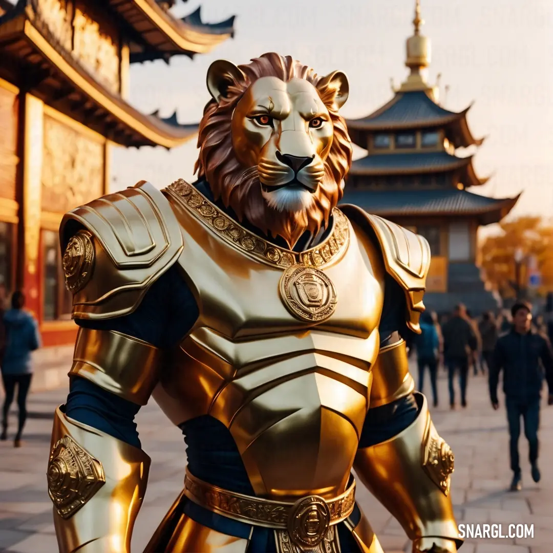 Man in a gold armor standing in front of a building with a lion statue on it's chest. Example of University of California Gold color.
