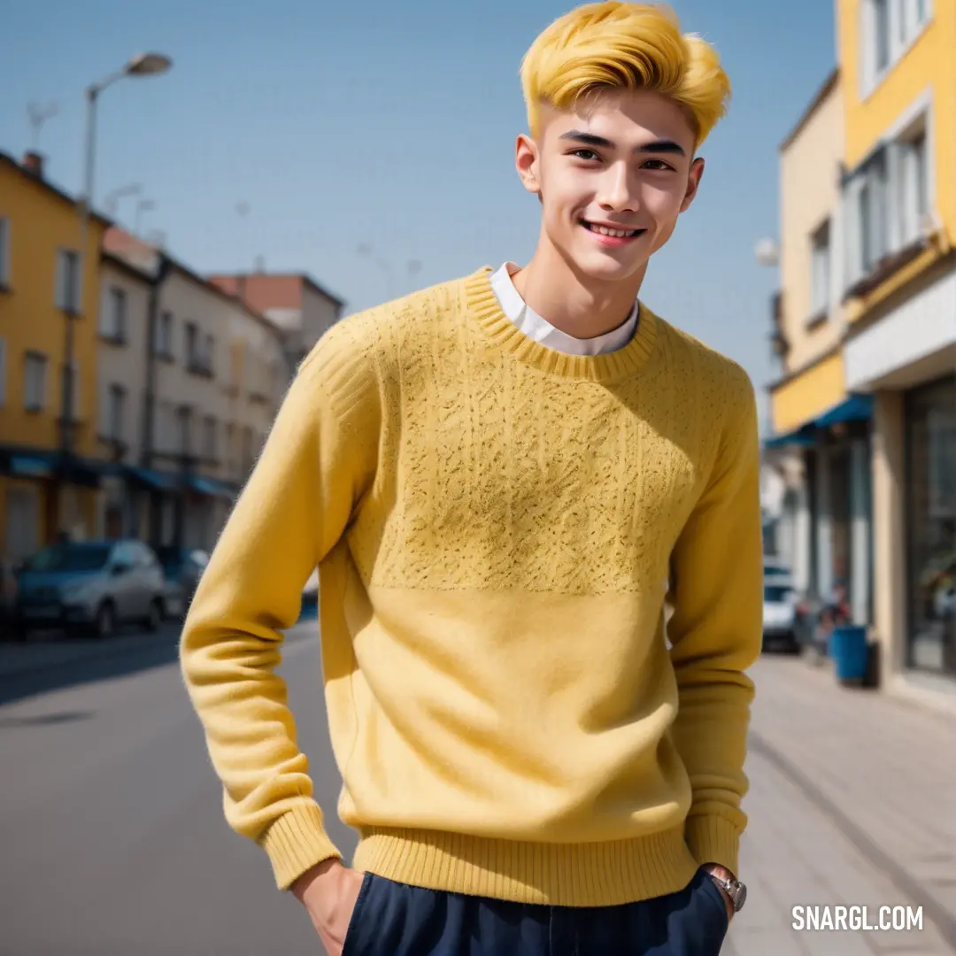 Man with a yellow sweater and blue pants standing on a street corner smiling at the camera with his hands in his pockets