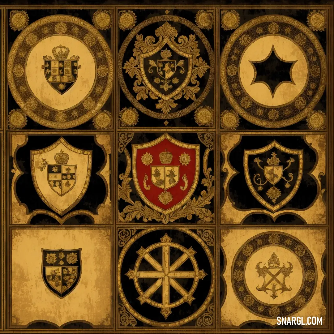 Set of nine different shields with a star on top of them, all in gold and black. Example of University of California Gold color.