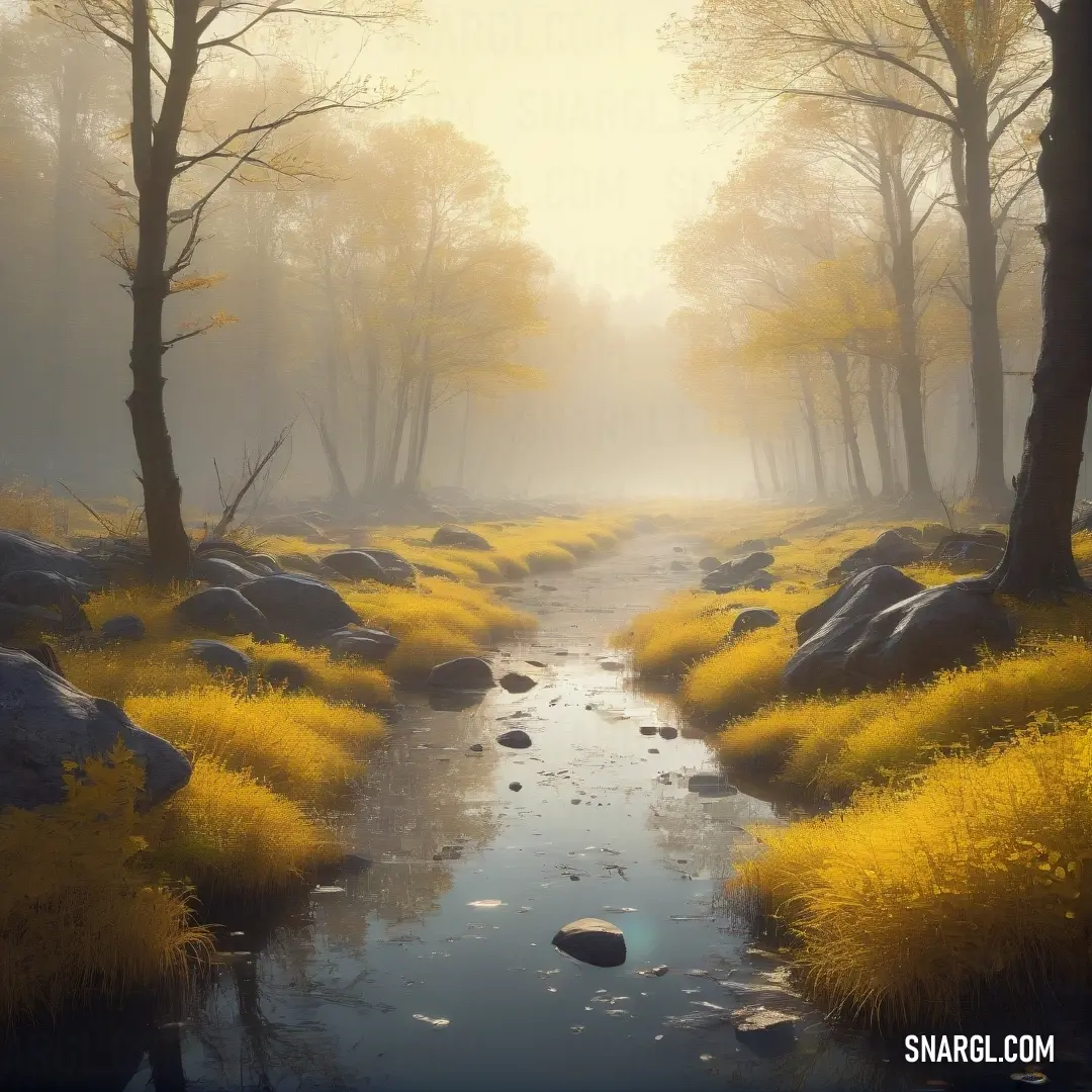 Stream running through a forest filled with yellow grass and trees in the foggy day light. Color CMYK 0,26,79,28.