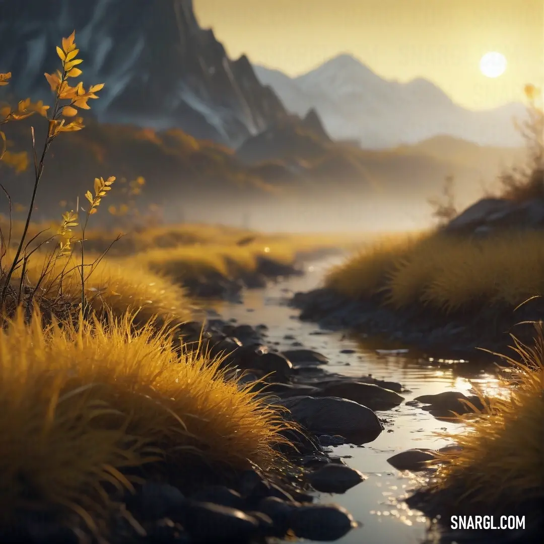 University of California Gold color. Stream running through a lush green field next to a mountain range at sunset with a yellow grass