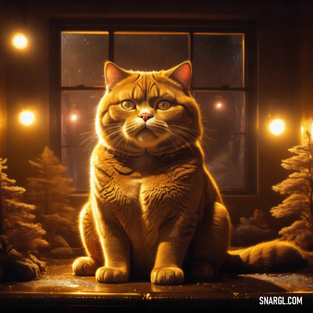 University of California Gold color example: Cat on a table in front of a window with christmas lights on it's sides