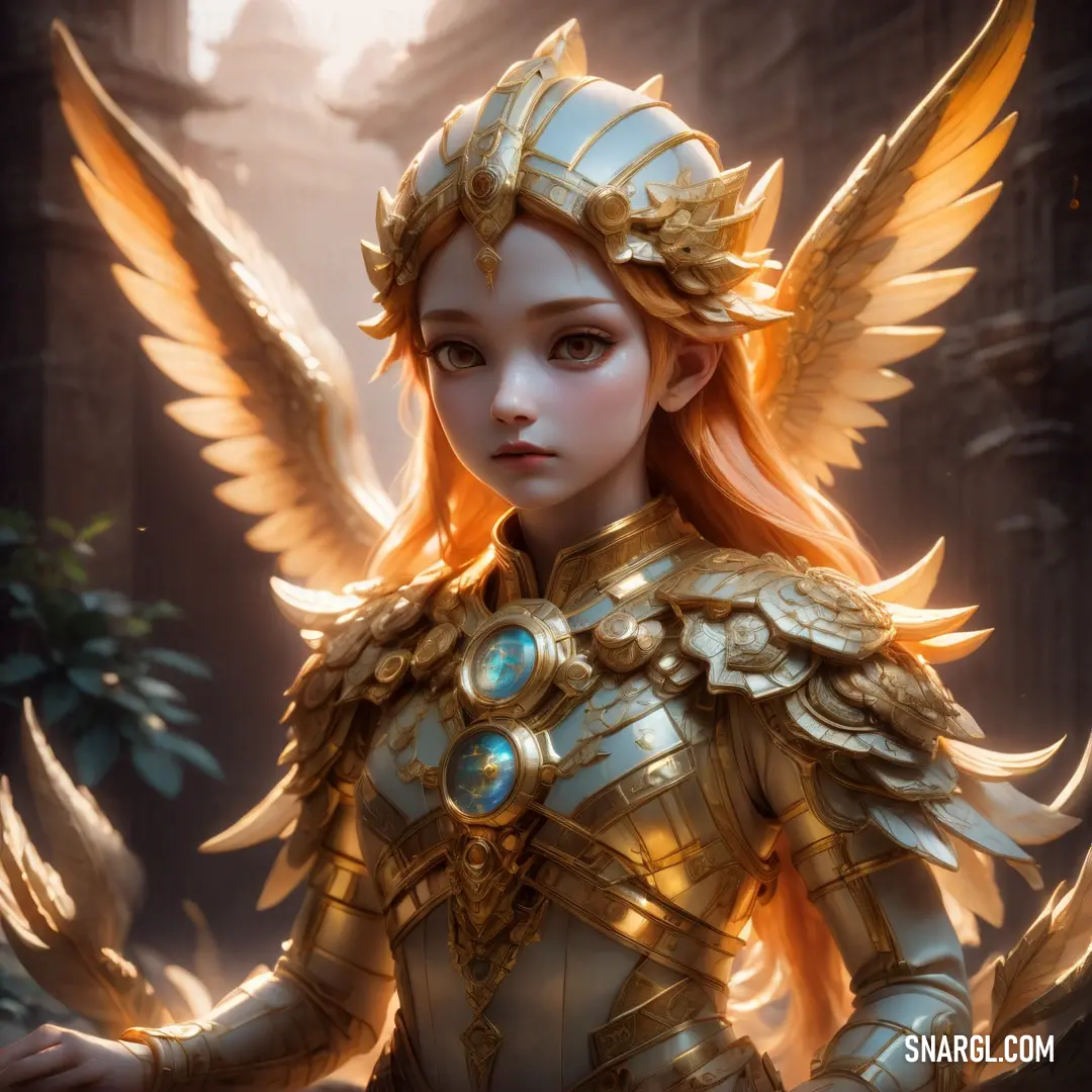 Girl with a golden outfit and wings on her head and a bird on her shoulder. Color CMYK 0,26,79,28.
