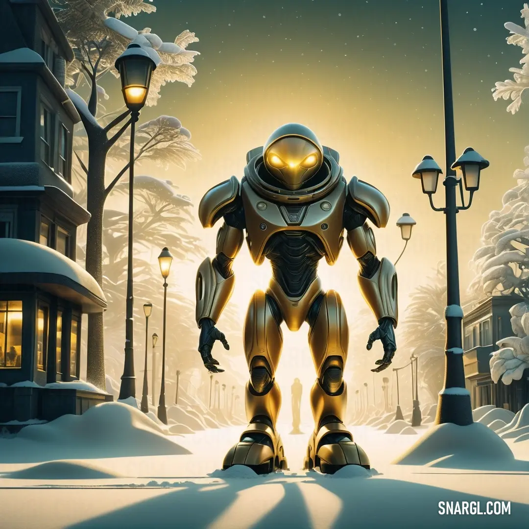 Robot standing in the middle of a snowy street at night. Color RGB 183,135,39.