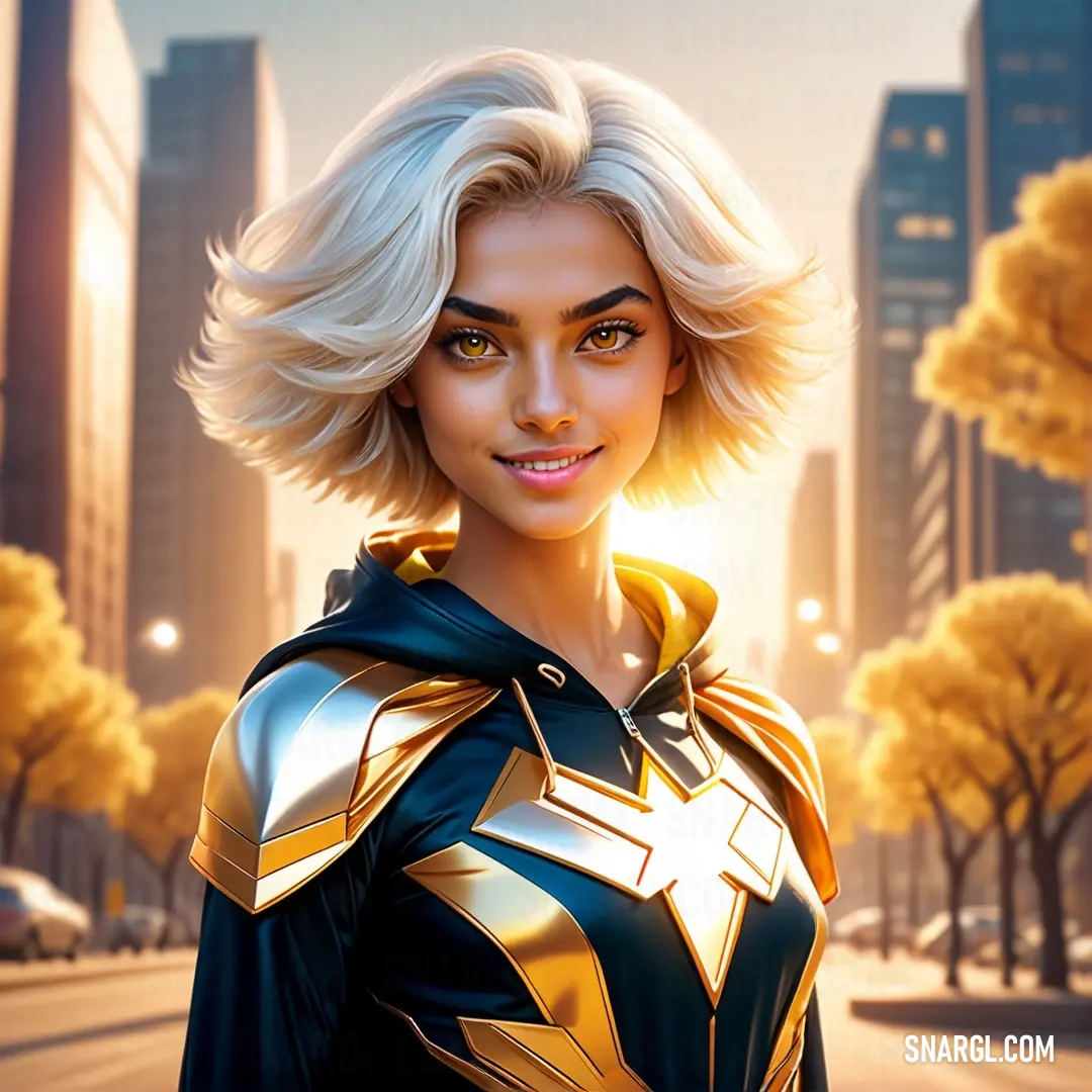 Woman in a superhero costume standing in the middle of a street with a city in the background. Color University of California Gold.