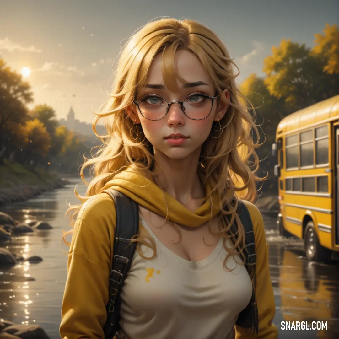 University of California Gold color example: Woman with glasses and a yellow sweater is standing in front of a yellow bus on a wet road